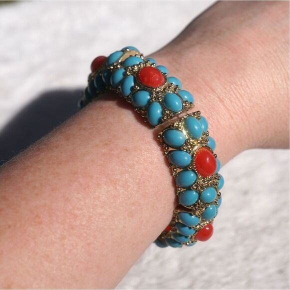 J.Crew Faux Gold Turquoise Coral Stretch Bracelet - Picture 1 of 6